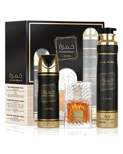 LATTAFA Khamrah Zestaw Unisex Woda Perfumowana + Dezodorant + Odświeżacz Powietrza