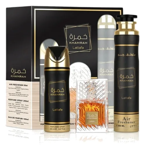 LATTAFA Khamrah Zestaw Unisex Woda Perfumowana + Dezodorant + Odświeżacz Powietrza