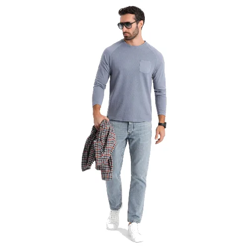 Longsleeve męski bawełniany o waflowym splocie z kieszonką – niebieski denim V8 - Rozmiar: L