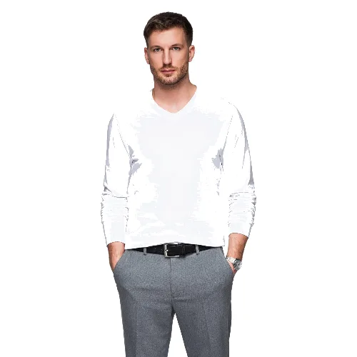 Longsleeve męski bez nadruku z dekoltem w serek - biały V3
