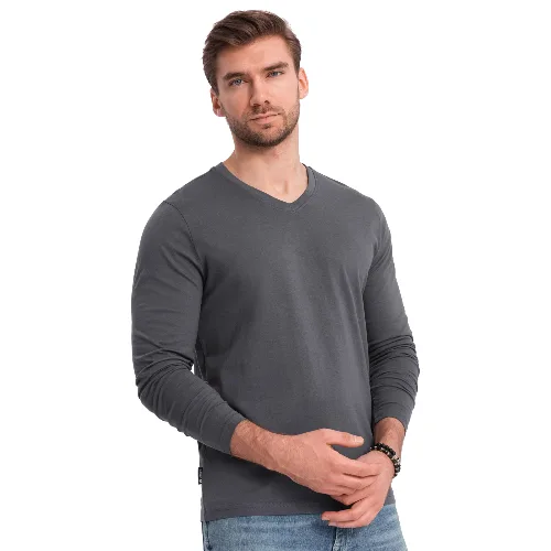 Longsleeve męski bez nadruku z dekoltem w serek - grafitowy V4 - Rozmiar: L