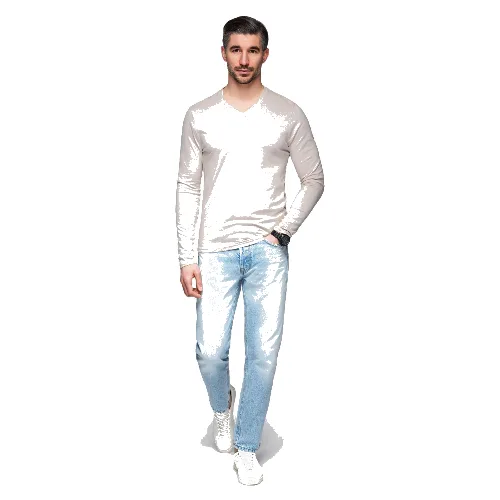 Longsleeve męski bez nadruku z dekoltem w serek - jasnobeżowy V1 - Rozmiar: XL
