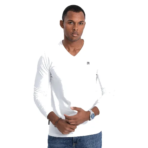Longsleeve męski z elastanem sygnowany z dekoltem w serek - biały V1 - Rozmiar: M