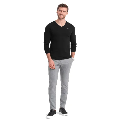 Longsleeve męski z elastanem sygnowany z dekoltem w serek - czarny V3 - Rozmiar: L