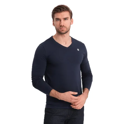 Longsleeve męski z elastanem sygnowany z dekoltem w serek - granatowy V2 - Rozmiar: M