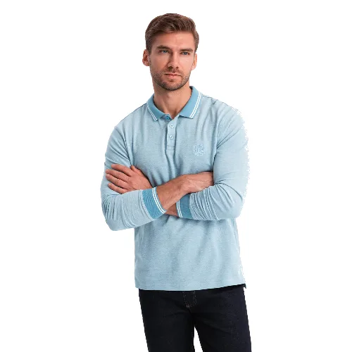 Melanżowy longsleeve męski polo z haftem – niebieski melanż V3 - Rozmiar: S