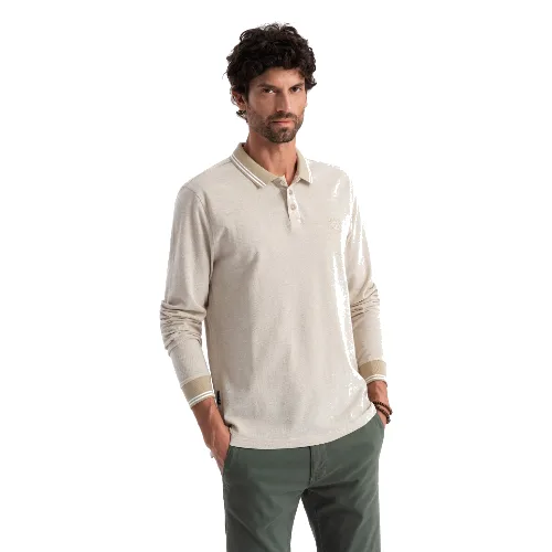 Melanżowy męski polo longsleeve z haftem – piaskowy melanż V4