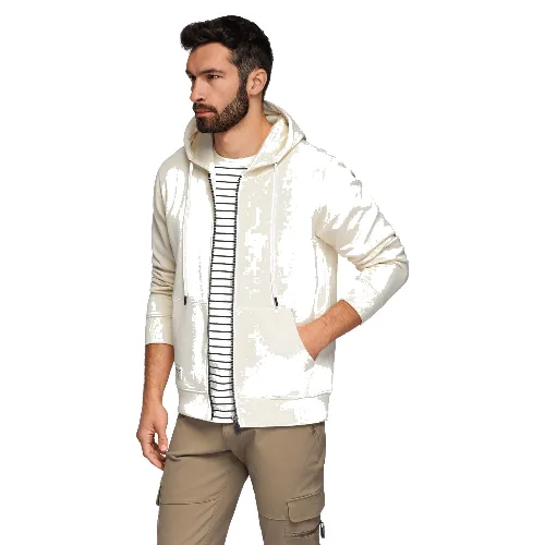 Męska bluza dresowa BASIC rozpinana z kapturem - kremowa V11