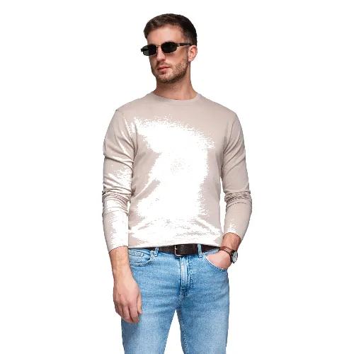 Męski longsleeve BASIC z okrągłym dekoltem - beżowy V8