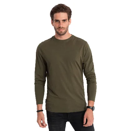 Męski longsleeve BASIC z okrągłym dekoltem - ciemnooliwkowy V7 - Rozmiar: XXL