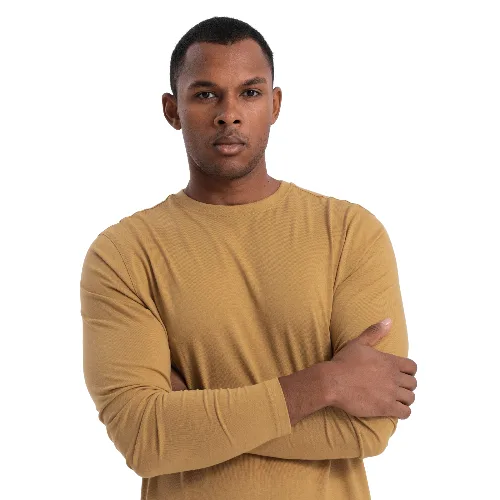 Męski longsleeve BASIC z okrągłym dekoltem - musztardowy V10 - Rozmiar: S
