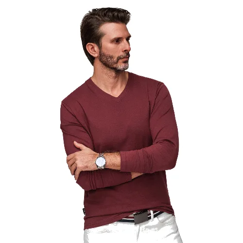 Męski longsleeve bez nadruku z dekoltem w serek - bordowy V8