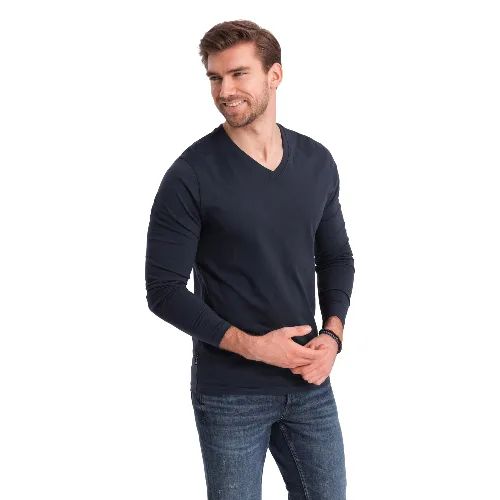 Męski longsleeve bez nadruku z dekoltem w serek - granatowy V5 - Rozmiar: L