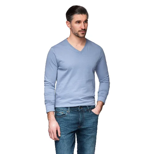 Męski longsleeve bez nadruku z dekoltem w serek - niebieski denim V9