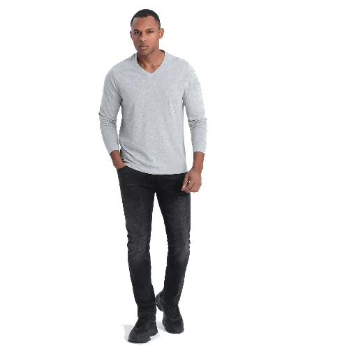 Męski longsleeve bez nadruku z dekoltem w serek - szary melanż V7 - Rozmiar: L