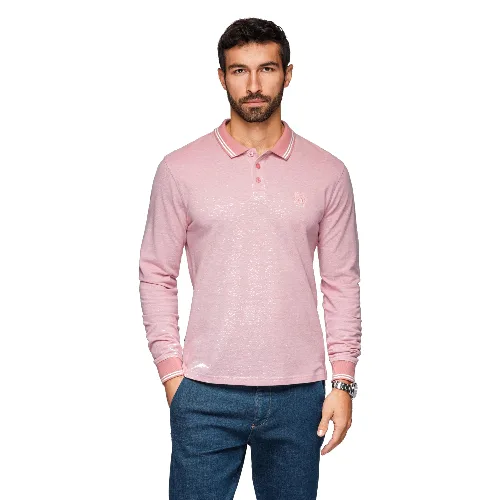 Męski melanżowy longsleeve polo z haftem – różowy melanż V2