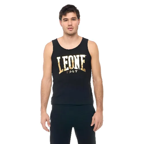 Męski top bez rękawów Leone 1947 Apparel z dużym złotym logo. Na trening.