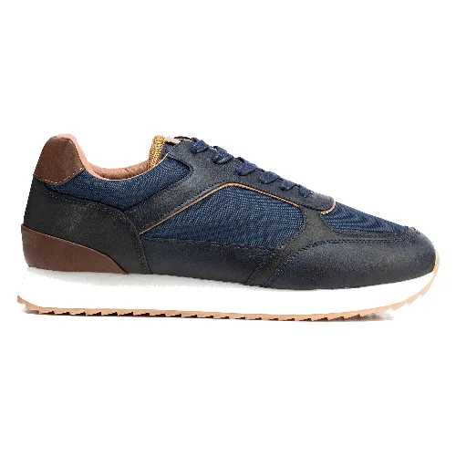 Męskie sneakersy z kontrastowymi fakturami granatowo - brązowe