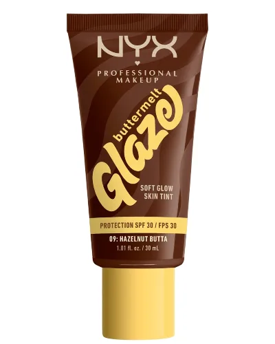 NYX Professional Makeup Buttermelt Glaze Soft Glow Skin Tint + SPF/FPS 30 Foundation (Various Shades) - Hazelnut