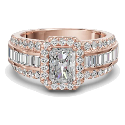 Pierścionek Zaręczynowy z Radiantowym Halo i Bagietkami 1.50 ct Diament Naturalny 585 Różowe Złoto (14K)
