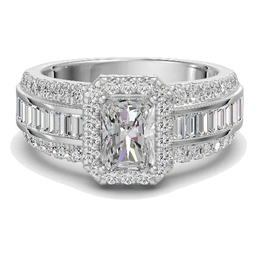 Pierścionek Zaręczynowy z Radiantowym Halo i Bagietkami 1.50 ct Diament Naturalny 750 Białe Złoto (18K)