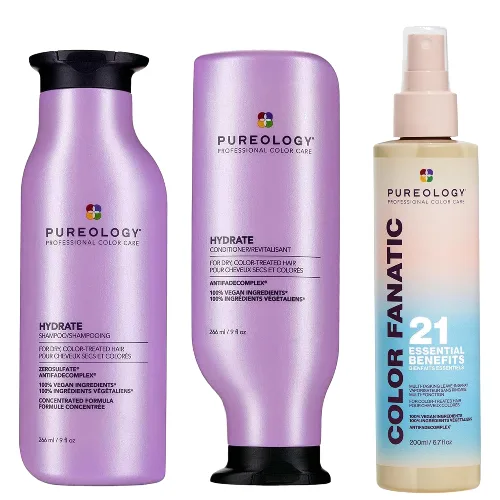 Pureology Hydrate Shampoo, Conditioner and Color Fanatic Multi-Benefit Leave-in, Moisturising Bundle for Dry Hair