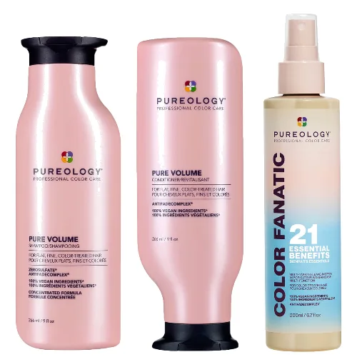 Pureology Pure Volume Shampoo, Conditioner and Color Fanatic Spray Routine for Flat and Fine Hair