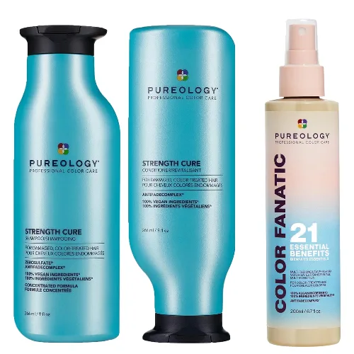 Pureology Strength Cure Shampoo, Conditioner and Color Fanatic Spray Routine for Damaged Hair