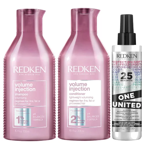 Redken Volume Injection Shampoo, Conditioner and One United Treatment Spray Routine for Fine/Flat Hair