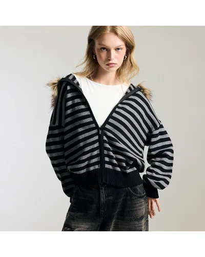 Rozpinany sweter w paski z odpinanym kapturem