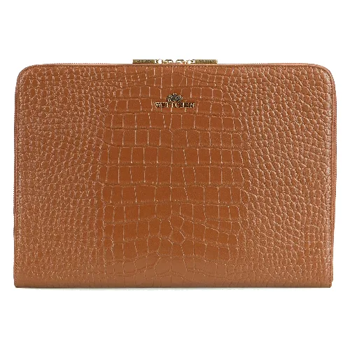 Skórzana torba na laptopa 15” z tłoczeniem croco koniak
