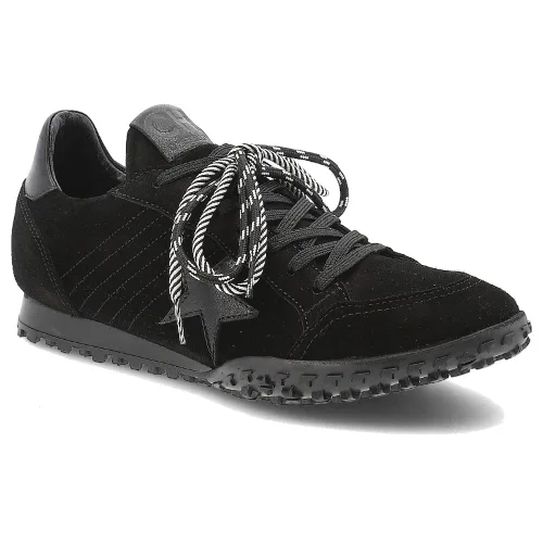 Sneakersy damskie Chebello, skórzane na płaskiej podeszwie z okrągłym noskiem i sznurowane, czarne, 4862