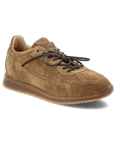 Sneakersy damskie Chebello, skórzane z okrągłym noskiem na płaskiej podeszwie i sznurowane, brązowe, 4861