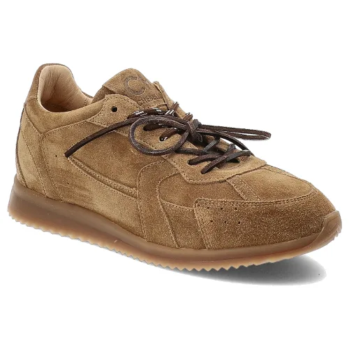 Sneakersy damskie Chebello, skórzane z okrągłym noskiem na płaskiej podeszwie i sznurowane, brązowe, 4861