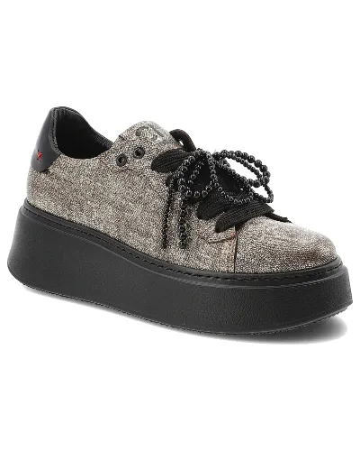 Sneakersy damskie Chebello, ze skóry na grubej podeszwie z okrągłym noskiem z ozdobą i sznurowane, czarno-złote, 4696-534-002
