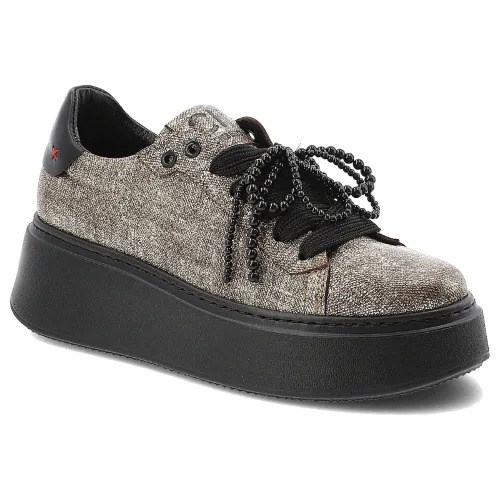 Sneakersy damskie Chebello, ze skóry na grubej podeszwie z okrągłym noskiem z ozdobą i sznurowane, czarno-złote, 4696-534-002