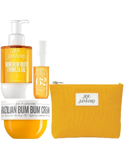 Sol de Janeiro Summer Body Icons Bundle – Bum Bum Cream 75ml, Firmeza Oil 100ml & Cheirosa 62 90ml with Canvas Bag