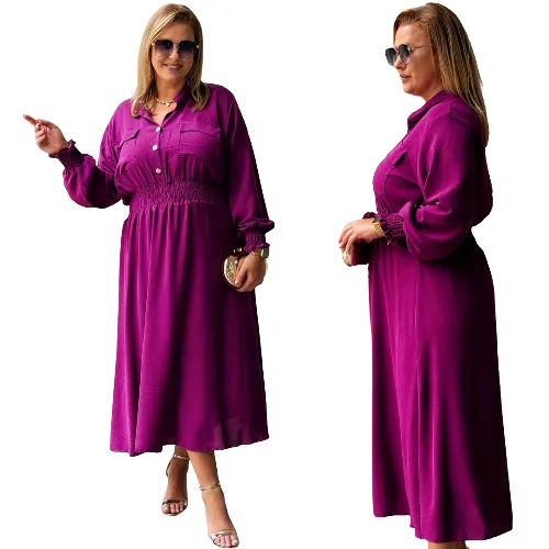 Sukienka Długi Rękaw Maxi Cavaricci Plus Size Guziki Damska Purpurowa