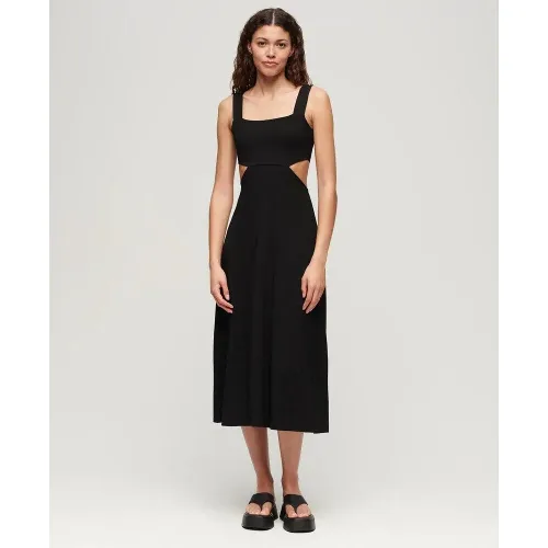 superdry Sukienka midi z wycięciem z dzianiny - Czarna - Black
