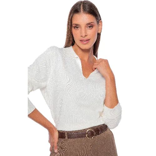 Sweter damski z dekoltem V-neck kremowy