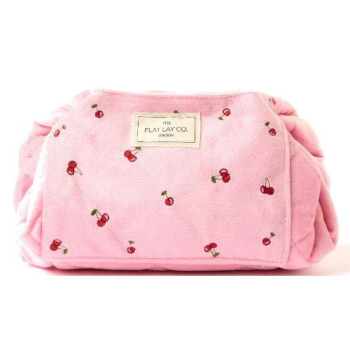 The Flat Lay Co. Drawstring Flat Lay Makeup Bag - Ditsy Cherries Pink Embroidered Velvet