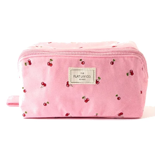 The Flat Lay Co. Flat Lay Makeup Box Bag - Ditsy Cherries Pink Embroidered Velvet