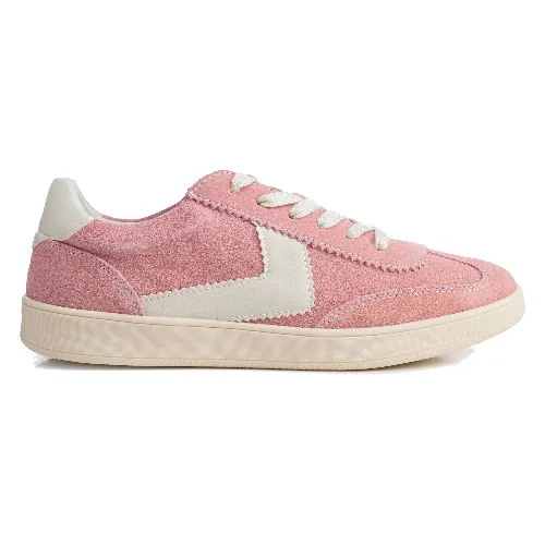 Zamszowe sneakersy z kontrastowymi wstawkami z ekoskóry różowo - białe